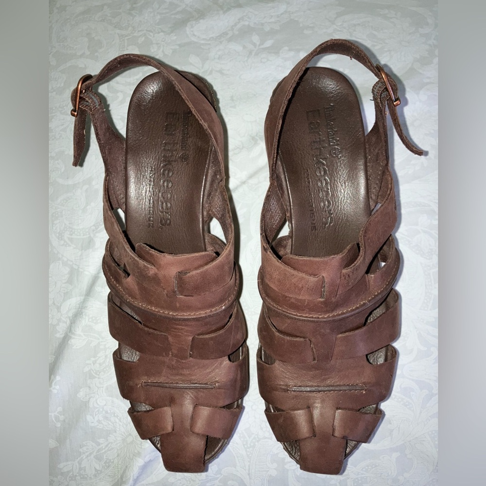 Timberland Earthkeeper leather slingback wedge sandal shoes wood heel 7.5 7 1/2